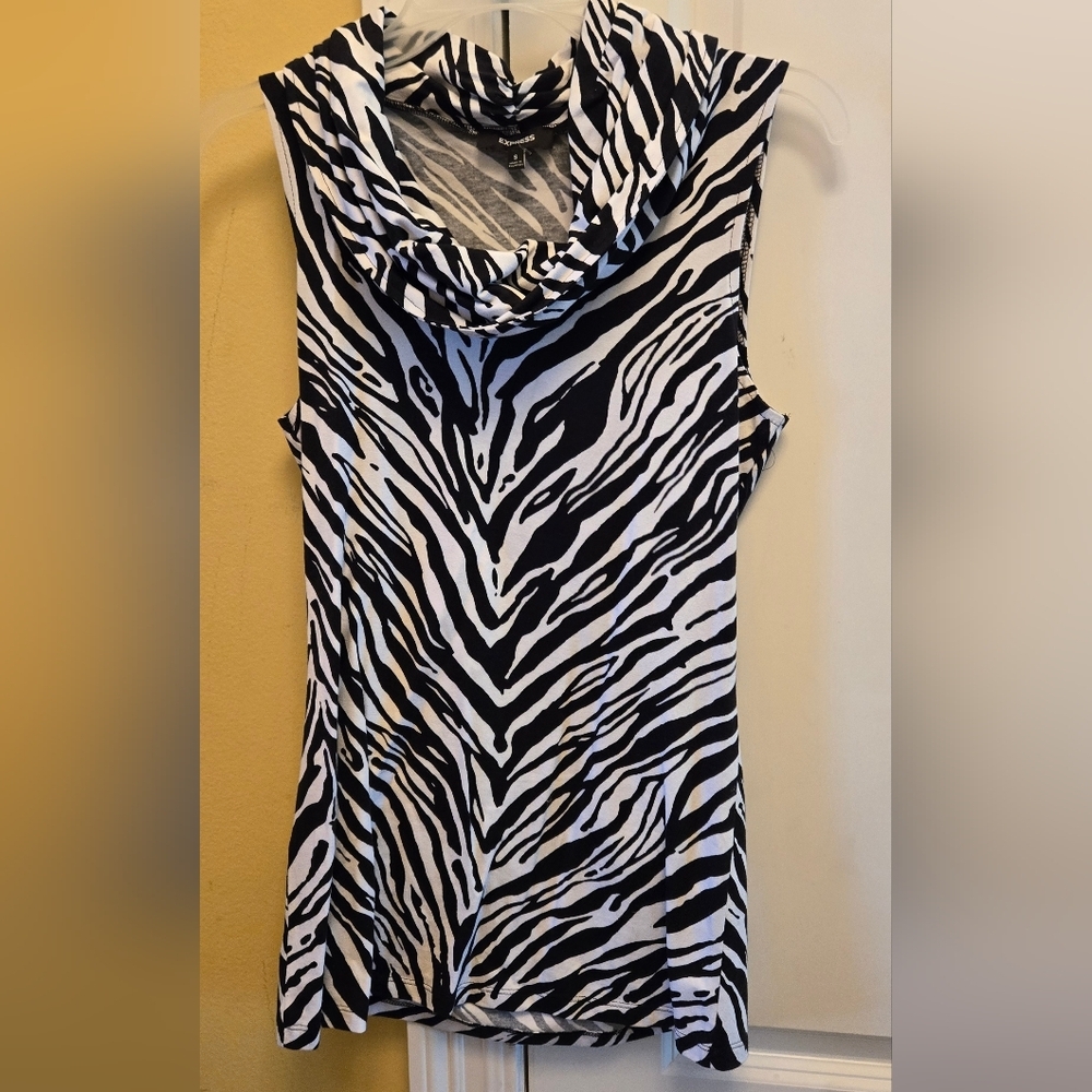 Express Womens Zebra Print Cowl Neck Fitted Sleeveless Blouse Size Small